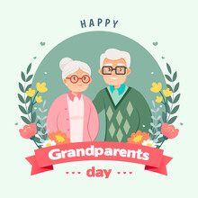 Happy Grandparents Day Greeting Card Vector Illustration. Cute Cartoon Grandparents On Vintage Green Background