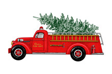 ..Christmas Fire Engine. Vintage Fire Truck With A Christmas Tree On A White Background. Retro Card. Color Sketch.