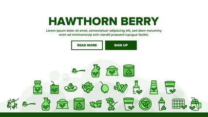 Wall Mural - Hawthorn Berry Food Landing Web Page Header Banner Template Vector. Hawthorn Syrup And Juice, Beverage And Fresh Drink, On Plate And Bottle Package Illustrations