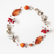 Autumn Composition. Wreath Made Of Dried Flowers, Eucalyptus Leaves, Berries On Gray Background. Autumn, Fall, Thanksgiving Day Concept. Flat Lay, Top View