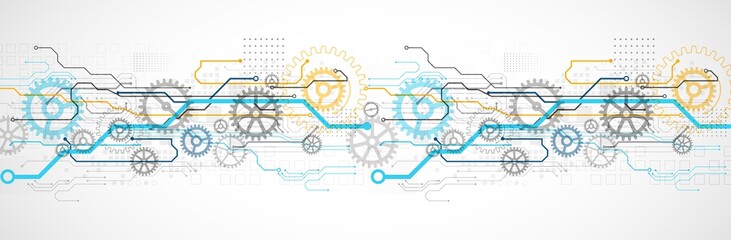Poster - Abstract technology cogwheel concept. Circuit board, high computer color background. Vector illustration with space for content, web - template, business tech presentation.