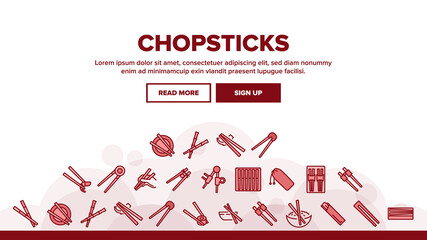 Wall Mural - Chopstick Utensil Landing Web Page Header Banner Template Vector. Chopstick Bamboo Wooden Kitchenware For Eating In Oriental Restaurant Sushi And Rice Illustrations