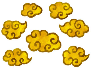金の雲の水彩風イラストセット
