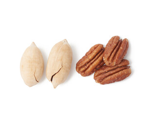 two heaps of peeled and unpeeled pecans on a white background, healthy and tasty nut