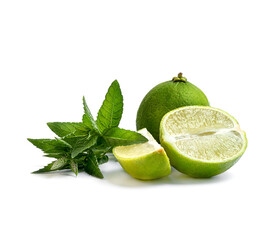 Wall Mural - ripe juicy limes with a thin aroma and fresh mint on a white background