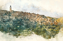 Digital Watercolor Of Bocairent Village. Spain