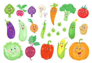 Sticker - A large set of funny vegetables. In a cartoon style. Isolated on white background. Vector flat illustration.