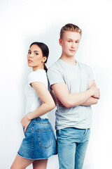 Wall Mural - modern hipster guys together couple diverse nations, asian girl and caucasian blond boy isolated on white background, lifestyle people concept