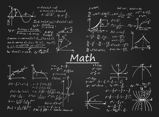 Vintage education and scientific background. Set from math law theory, formulas and equations on blackboard. Vector hand-drawn mathematical illustration.