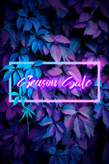 Wall Mural - Season Sale hand drawing glowing neon text on leaves background. Fluorescent stock illustration for poster, banner, flyer, invitation, copy space, advertising. Garden moon night creative layout.