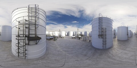 Wall Mural - spherical panorama of the oil refinery, chemical production, waste processing plant, exterior visualization, 3D illustration