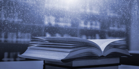 Poster - book stack in the library room and blurred bookshelf for business and education background, back to 