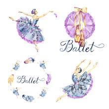 Watercolor Set With Girl Ballerinas Dancers, Ballet Pointes, Feathers. Hand-drawn Illustration Isolated On White Background.