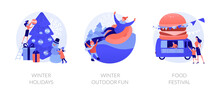 Christmas Celebration, Wintertime Active Recreation, Fast Food Party Icons Set. Winter Holidays, Winter Outdoor Fun, Food Festival Metaphors. Vector Isolated Concept Metaphor Illustrations