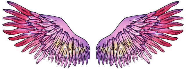 Beautiful magic glowing pink purple yellow vector wings