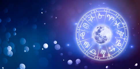 zodiac signs inside of horoscope circle. astrology in the sky with many stars and moons astrology an