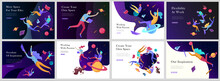 Landing Page Templates Set. Inspired People Flying In Space And Reading Books. Characters Moving And Floating In Dreams, Imagination And Freedom Inspiration. Flat Design Style