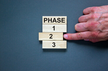 Wooden blocks form the words 'phase, 1, 2, 3,' on blue background. Male hand. Beautiful background. Business concept, copy space.