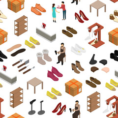Poster - Shoe Work Shop Concept 3d Isometric View. Vector