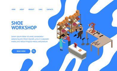 Poster - Shoe Work Shop Concept Landing Web Page 3d Isometric View. Vector