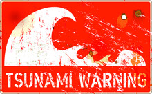 Tsunami Warning Sign, Heavy Weathered, Vector Eps 10
