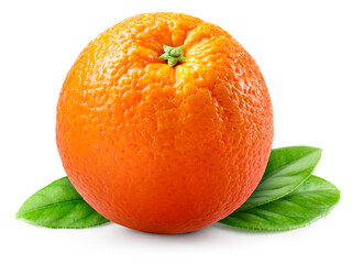 Wall Mural - Orange fruit isolate. Orange citrus on white background. Whole one orange fruit with leaves. Clipping path. Full depth of field.