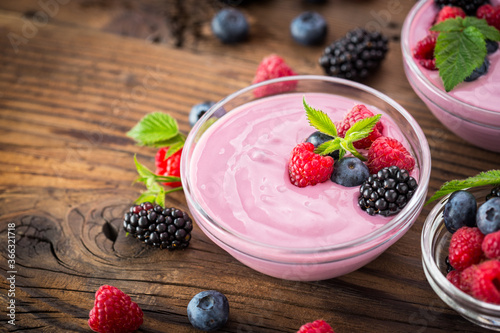 Fresh berry fruit yogurt with forest fruits and mint Canvas Print