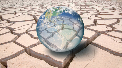 Poster - Global warming concept - Glass Globe (Planet Earth) on dry soil 