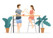 © Truncus - standing man feeding the woman snacks in kitchen. relaxing couple scene. daily life of cute happy couple. romantic couple relationship in flat vector illustration