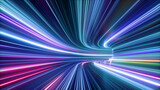 Fototapeta Perspektywa 3d - 3d render, abstract colorful neon background, tunnel turning to the right, ultra violet rays, glowing lines, cyber network data, speed of light, space and time, highway night lights