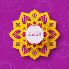 Wall Mural - Diwali, festival of lights holiday banner with paper cut style of Indian Rangoli. Yellow color on purple background. Vector illustration.