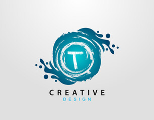 T Logo With Blue Splash Element. Blue Wave logo design template.