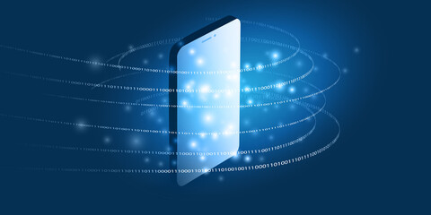 Poster - Abstract Blue Minimal Style Cloud Computing, Networks, Telecommunications Concept Design with Glowing Lines of Flowing Data, Binary Code and Mobile Phone - Vector Illustration