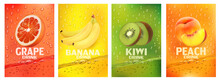 Set Of Labels With Fruit Drink.Fresh Fruits Juice Splashing Together- Banana, Kiwi, Peach, Grapefruit Juice Drink Splashing. 3d Fresh Fruits. Vector Illustration