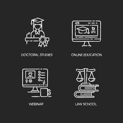 Sticker - Modern higher education chalk white icons set on black background. Doctoral studies, law school, online training courses and webinars. Diploma obtaining. Isolated vector chalkboard illustrations