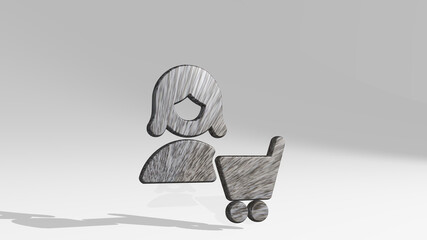 single woman actions cart casting shadow with two lights. 3D illustration of metallic sculpture over a white background with mild texture. icon and isolated