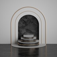 3d Render, Abstract Modern Minimal Black White Background, Marble Niche, Pedestal Steps, Golden Arch, Memorial Granite Board. Clean Dramatic Design, Premium Mockup With Copy Space
