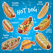 Hand Drawn Vector Illustration Set Of Popular Hot Dog Variations.
