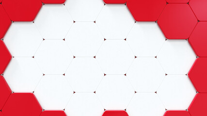 A background of red and white hexagons.