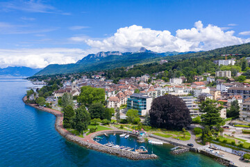 Wall Mural - Aerial view of Evian (Evian-Les-Bains) city in Haute-Savoie in France