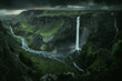 Haifoss waterfall in South Iceland in the dusk. Beautiful nature dramatic moody landscape. Panorama view. Color filter toned