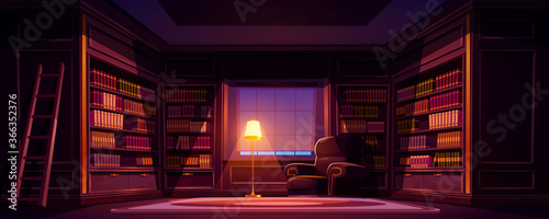 Cuadros en Lienzo Luxury old library interior at night, dark empty room for reading with books on