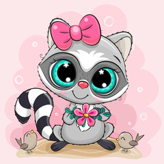 Sticker - Cartoon Raccoon with flower on a pink background