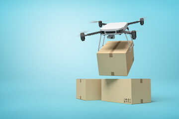 Poster - 3d rendering of camera drone delivering cardboard box on top of two other boxes standing on light blue gradient background with copy space.