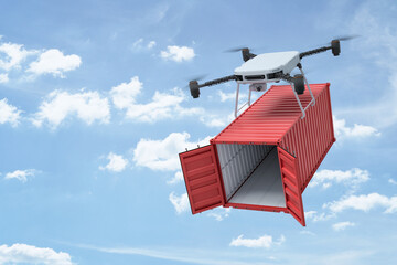 Poster - 3d rendering of camera quadcopter carrying small open empty red cargo container in blue sky.