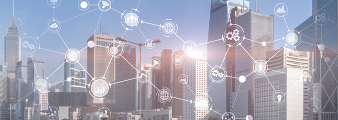 Wall Mural - business organizational structure innovation automation technology panoramic website header backgrou