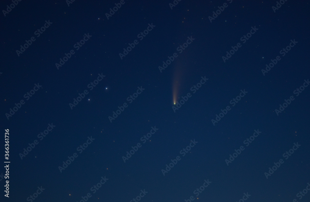 Comet C / 2020 F3 (NEOWISE) — a retrograde comet with an almost parabolic orbit in the village - obrazy, fototapety, plakaty 