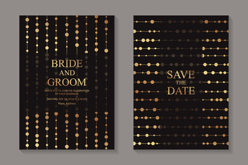 Modern geometric luxury wedding invitation design or card templates for business or presentation or greeting with golden lines and beads on a black background.