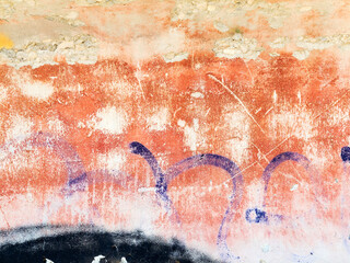 Great colorful background or texture. Abstract concrete aged with cracks, scratches and remnants of old paint in different shades. Bully smeared paint on the walls of an old building. Rough surface 