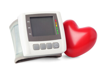 Digital blood pressure monitor (tonometer) and red heart near, isolated on white background.e